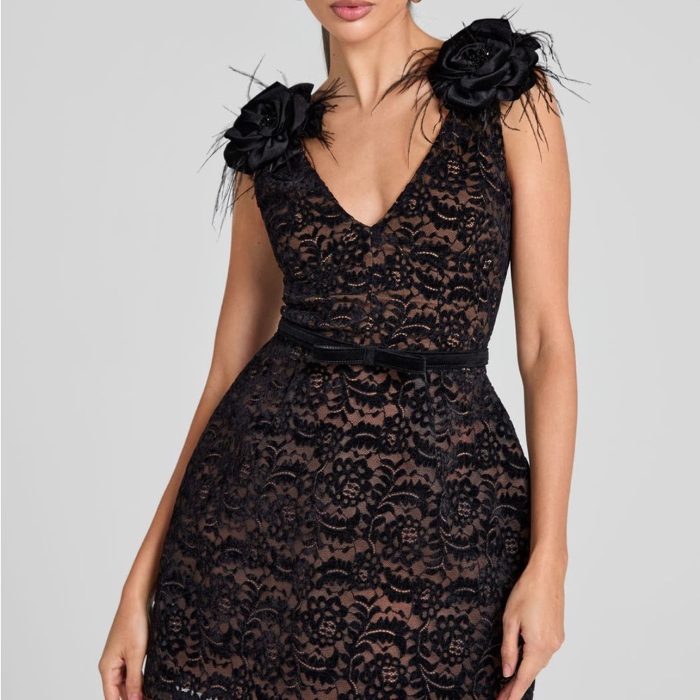 NADINE MERABI Kayla Rosette Minidress in Black and Tan Ruffled Sheath